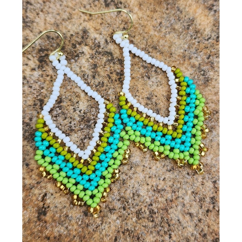 Women's Elegant Beaded Earrings Green Color,  2.5 In